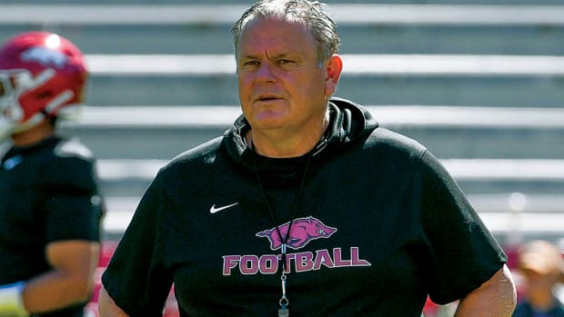 Arkansas coach Sam Pittman looks on during spring practices in 2023.